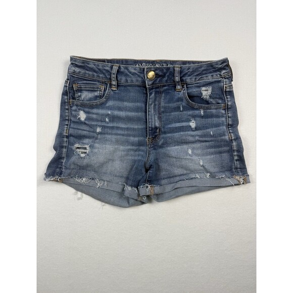American Eagle Hi-Rise Shortie Denim Shorts Size 10 Distressed Frayed Hem - Picture 1 of 8